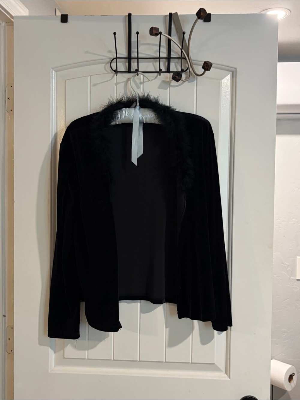 Black Faux Fur Trim Open Front Women's Sweater Jacket